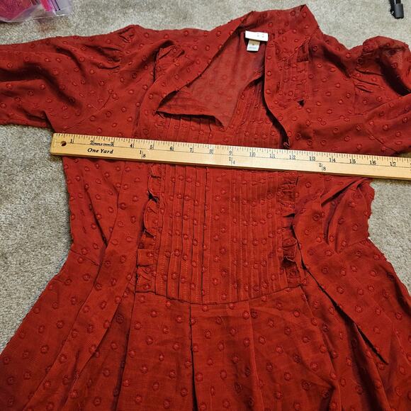 A New Day Size Small Red Wine Dress Swiss Dot Long Sleeve Chic Tie S Christmas - Picture 11 of 11